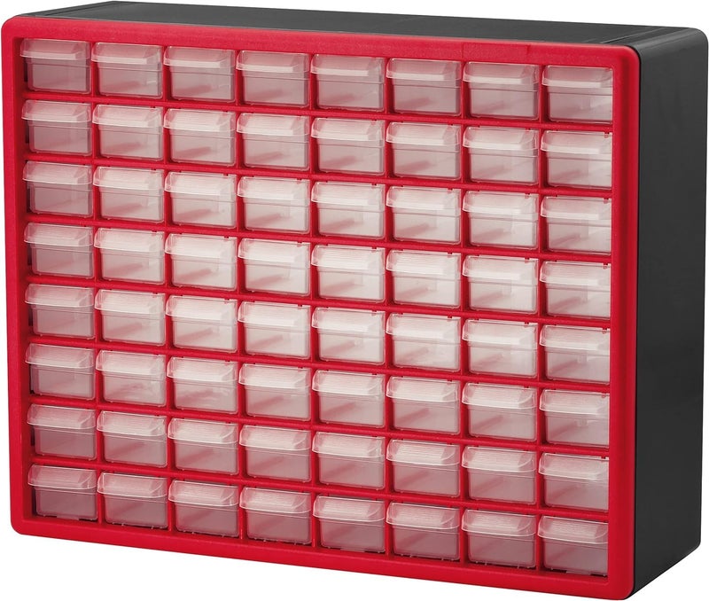 Akro-Mils 64-Drawer Plastic Drawer Storage Cabinet for Garage Organization, Bead Organizer, Building Bricks Storage, Teacher Toolbox, Makeup Organizer, 20" W x 6" D x 16" H, 10164 Red - Image 1